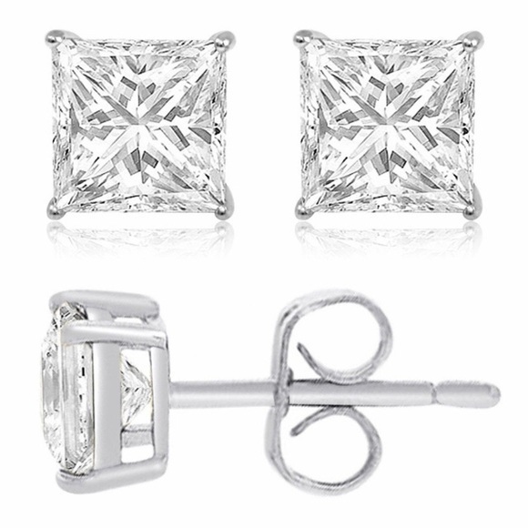 Renaissance 14k White Gold  Princess Cut CZ Studs - Picture 2 of 2